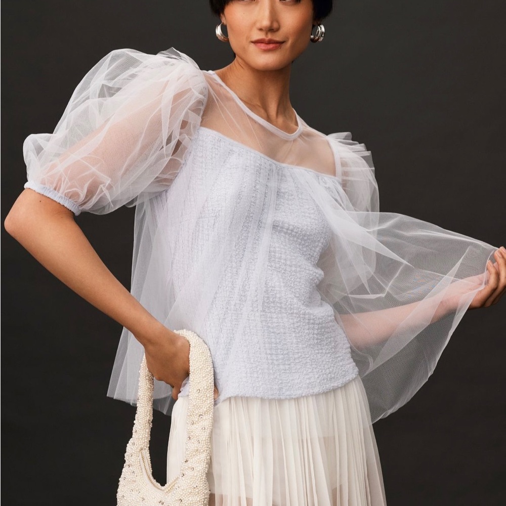 By Anthropologie Sheer Puff Sleeve Top